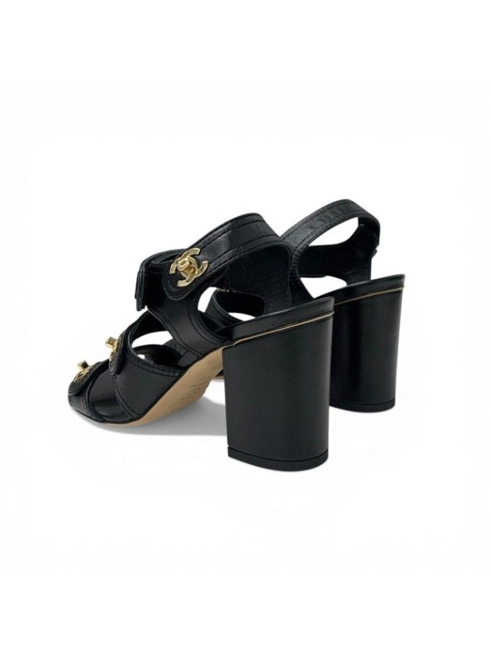 Chanel Sandals Shoes Leather Black Gold CC Logo Turnlock Velcro Strap - Picture 4 of 10